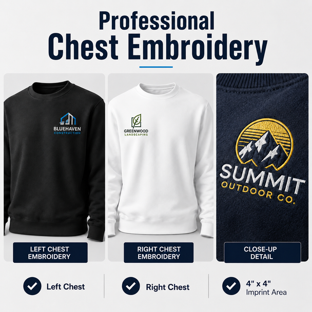 EverSoft crewneck fleece sweatshirt with ribbed collar and custom chest embroidery on soft pill-resistant cotton polyester fabric.