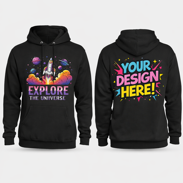 PrintFlex custom DTG fleece hoodie with vibrant full-color front and back print on soft cotton polyester fabric, featuring drawstrings and front pouch pocket.