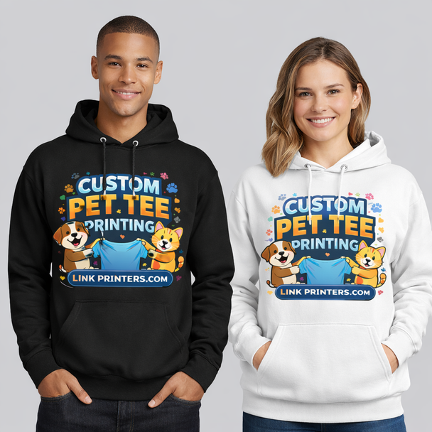 PrintFlex custom DTG fleece hoodie with vibrant full-color front and back print on soft cotton polyester fabric, featuring drawstrings and front pouch pocket.