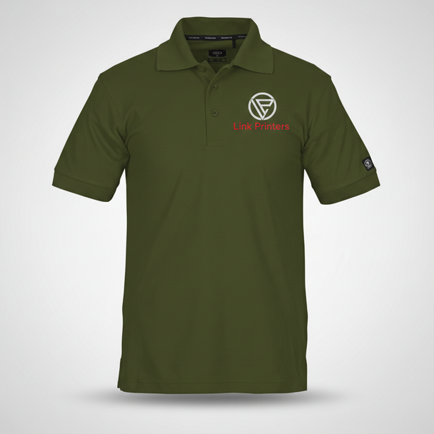Men’s CoolStride performance polo shirt with moisture-wicking polyester fabric, rib-knit collar, three-button placket, side vents, and custom embroidered logo on the left chest.