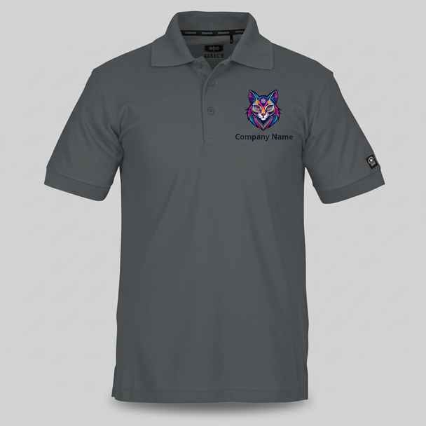 Men’s performance polo shirt with moisture-wicking polyester fabric, ribbed collar, three-button placket, and vibrant full-color printed logo on the chest.