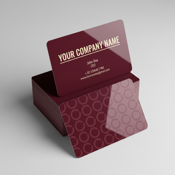 Gloss laminated business cards printed in full color on thick 18pt cardstock with vibrant finish and optional rounded corners.