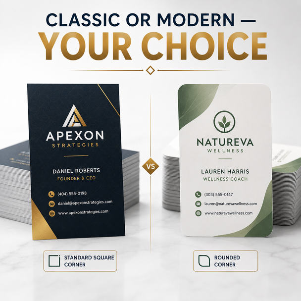 Gloss laminated business cards printed in full color on thick 18pt cardstock with vibrant finish and optional rounded corners.