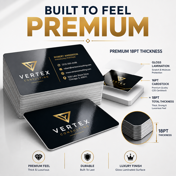 Gloss laminated business cards printed in full color on thick 18pt cardstock with vibrant finish and optional rounded corners.