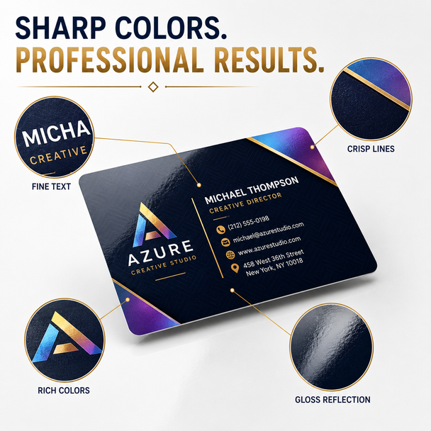 Gloss laminated business cards printed in full color on thick 18pt cardstock with vibrant finish and optional rounded corners.
