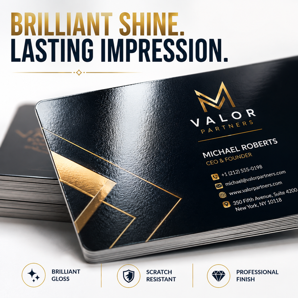 Gloss laminated business cards printed in full color on thick 18pt cardstock with vibrant finish and optional rounded corners.