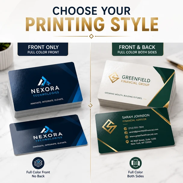 Gloss laminated business cards comparing full-color front-only and full-color front-and-back printing