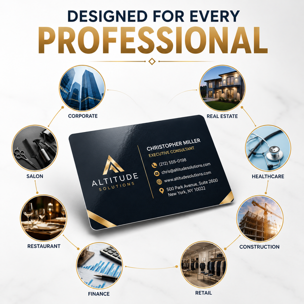 Black and gold gloss laminated business card surrounded by corporate, real estate, healthcare, retail, finance, restaurant, salon, and construction uses