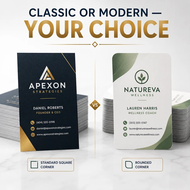 Two gloss laminated business cards comparing standard square corners with rounded corners