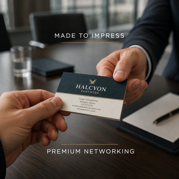 Professional handing a navy and cream soft-touch business card to another person during a meeting