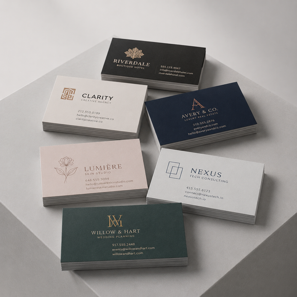 Soft-touch laminated business cards in black, navy, green, pink, and white for different professional brands