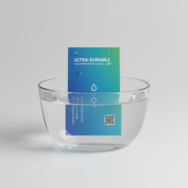 Waterproof synthetic business cards printed on durable 16pt tear-resistant stock designed to withstand moisture and heavy use.
