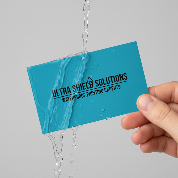 Waterproof synthetic business cards printed on durable 16pt tear-resistant stock designed to withstand moisture and heavy use.
