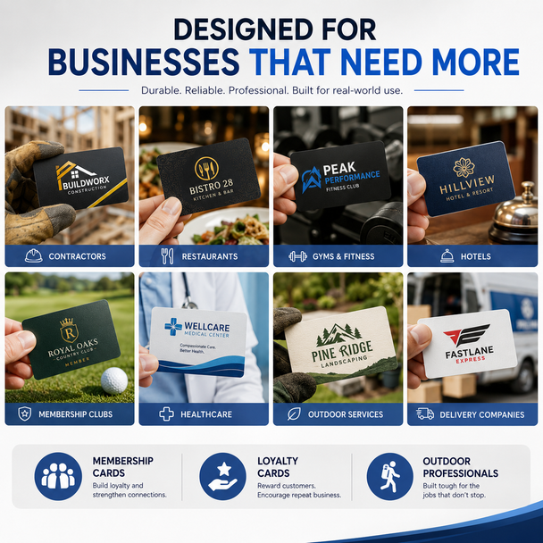 Waterproof synthetic business cards printed on durable 16pt tear-resistant stock designed to withstand moisture and heavy use.
