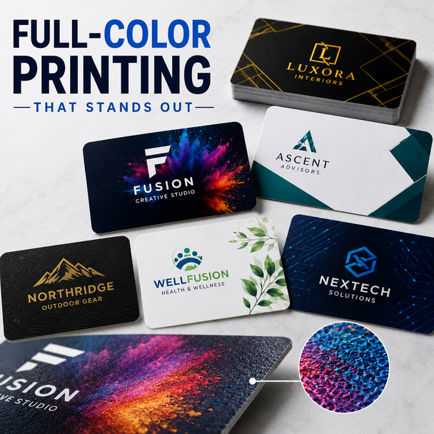 Waterproof synthetic business cards printed on durable 16pt tear-resistant stock designed to withstand moisture and heavy use.
