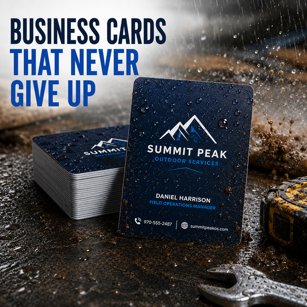 Waterproof synthetic business cards printed on durable 16pt tear-resistant stock designed to withstand moisture and heavy use.