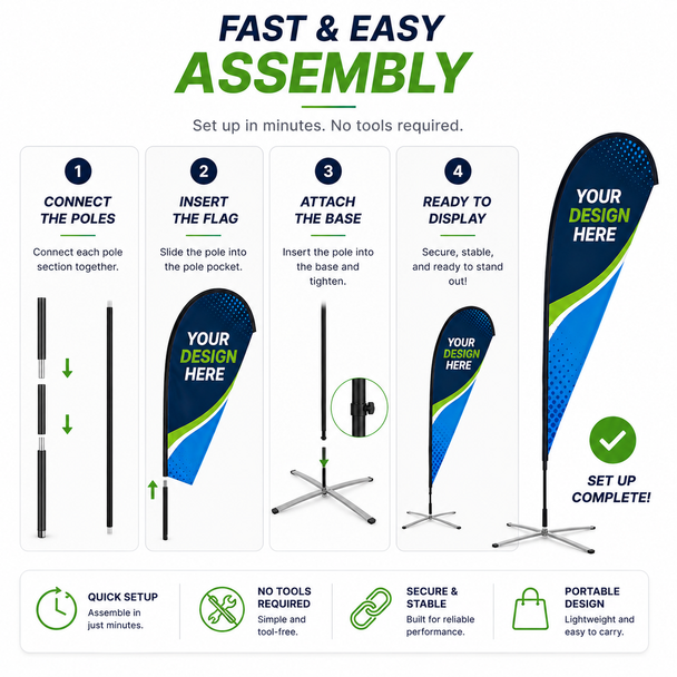 Teardrop flag hardware options including indoor cross base and outdoor ground stake setup.