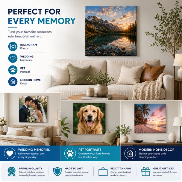 Premium custom canvas wall art featuring a stunning mountain lake landscape with snow-capped peaks and golden sunset reflections. Displayed in a luxury light gray studio background with a clean, modern, minimalist style. High-quality gallery-wrapped canvas print with realistic texture, elegant presentation, and professional home or office décor appeal.
