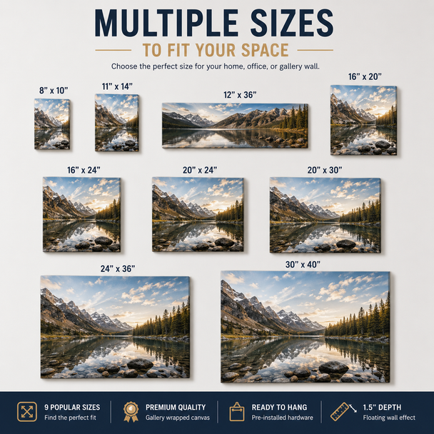 Premium custom canvas wall art featuring a stunning mountain lake landscape with snow-capped peaks and golden sunset reflections. Displayed in a luxury light gray studio background with a clean, modern, minimalist style. High-quality gallery-wrapped canvas print with realistic texture, elegant presentation, and professional home or office décor appeal.