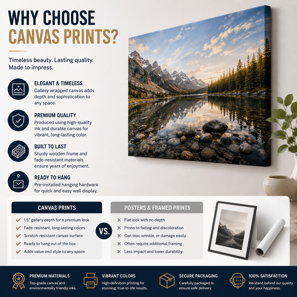 Premium custom canvas wall art featuring a stunning mountain lake landscape with snow-capped peaks and golden sunset reflections. Displayed in a luxury light gray studio background with a clean, modern, minimalist style. High-quality gallery-wrapped canvas print with realistic texture, elegant presentation, and professional home or office décor appeal.