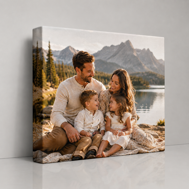 Premium custom canvas wall art featuring a stunning mountain lake landscape with snow-capped peaks and golden sunset reflections. Displayed in a luxury light gray studio background with a clean, modern, minimalist style. High-quality gallery-wrapped canvas print with realistic texture, elegant presentation, and professional home or office décor appeal.