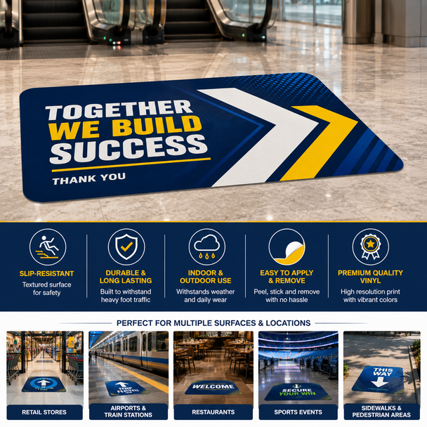 Custom printed floor decal with slip-resistant vinyl surface available in rounded rectangle, square, and circle shapes for indoor and outdoor business branding, promotional graphics, logos, and floor signage.