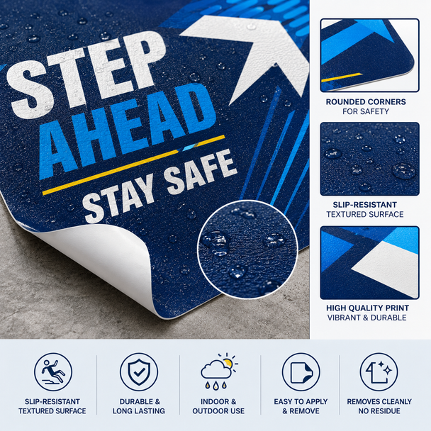 Custom printed floor decal with slip-resistant vinyl surface available in rounded rectangle, square, and circle shapes for indoor and outdoor business branding, promotional graphics, logos, and floor signage.