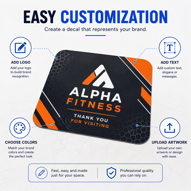 Custom printed floor decal with slip-resistant vinyl surface available in rounded rectangle, square, and circle shapes for indoor and outdoor business branding, promotional graphics, logos, and floor signage.