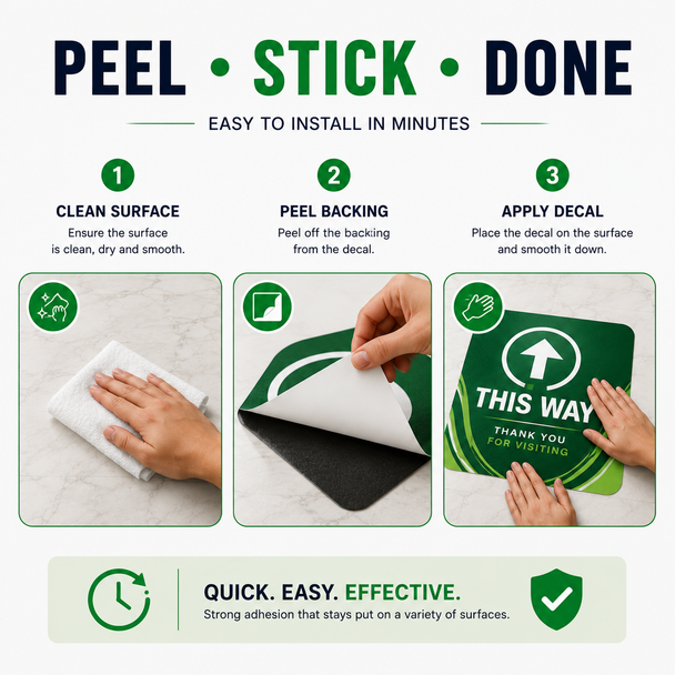 Custom printed floor decal with slip-resistant vinyl surface available in rounded rectangle, square, and circle shapes for indoor and outdoor business branding, promotional graphics, logos, and floor signage.