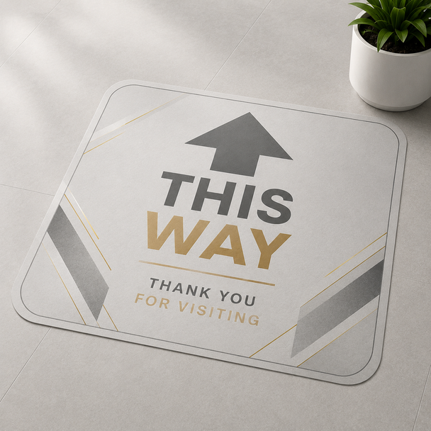 Custom printed floor decal with slip-resistant vinyl surface available in rounded rectangle, square, and circle shapes for indoor and outdoor business branding, promotional graphics, logos, and floor signage.