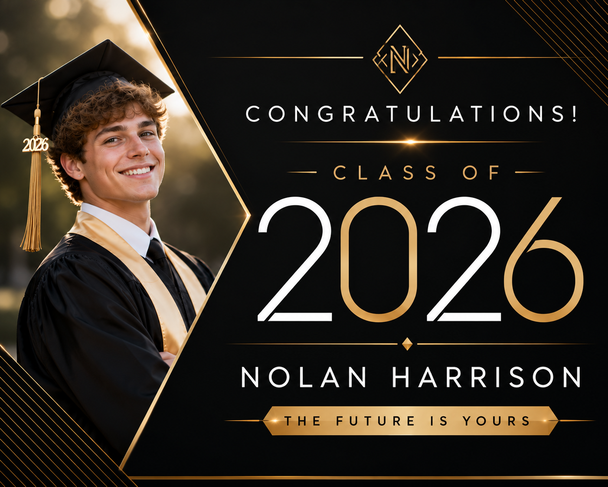 Custom Graduation Yard Sign with personalized photo, name, and school details. High-quality weatherproof Class of 2026 lawn sign perfect for graduation parties and outdoor celebrations.