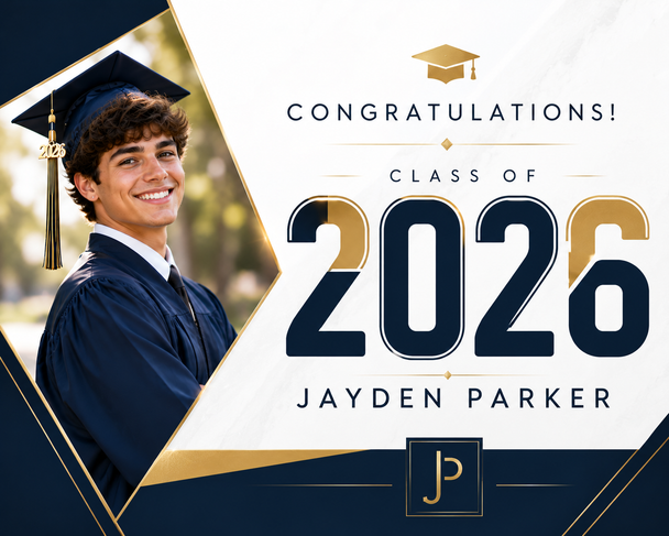 Custom Graduation Yard Sign with personalized photo, name, and school details. High-quality weatherproof Class of 2026 lawn sign perfect for graduation parties and outdoor celebrations.