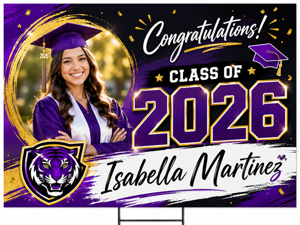 Custom Graduation Yard Sign with personalized photo, name, and school details. High-quality weatherproof Class of 2026 lawn sign perfect for graduation parties and outdoor celebrations.