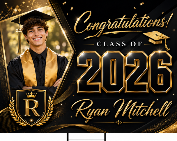 Custom Graduation Yard Sign with personalized photo, name, and school details. High-quality weatherproof Class of 2026 lawn sign perfect for graduation parties and outdoor celebrations.