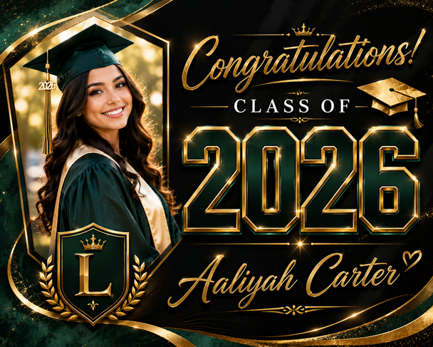 Custom Graduation Yard Sign with personalized photo, name, and school details. High-quality weatherproof Class of 2026 lawn sign perfect for graduation parties and outdoor celebrations.