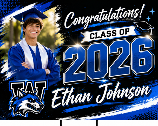 Custom Graduation Yard Sign with personalized photo, name, and school details. High-quality weatherproof Class of 2026 lawn sign perfect for graduation parties and outdoor celebrations.