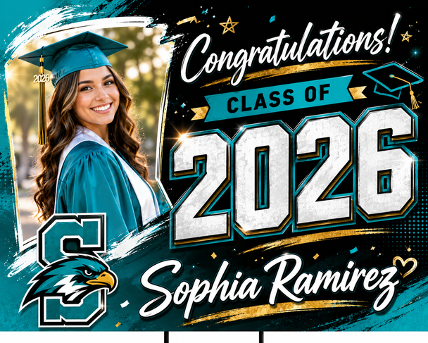 Custom Graduation Yard Sign with personalized photo, name, and school details. High-quality weatherproof Class of 2026 lawn sign perfect for graduation parties and outdoor celebrations.