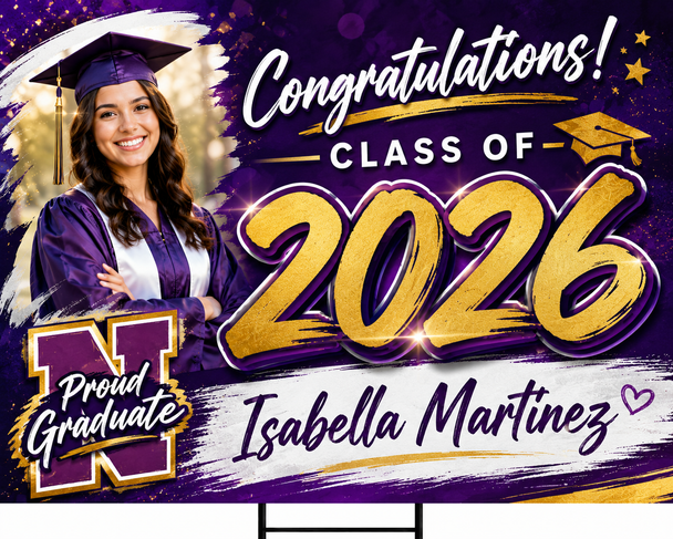 Custom Graduation Yard Sign with personalized photo, name, and school details. High-quality weatherproof Class of 2026 lawn sign perfect for graduation parties and outdoor celebrations.
