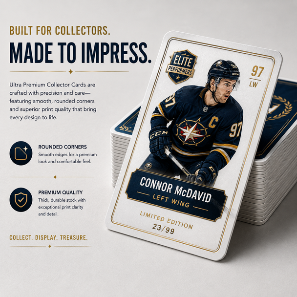 Stack of custom ultra premium collectors cards on textured specialty paper stocks