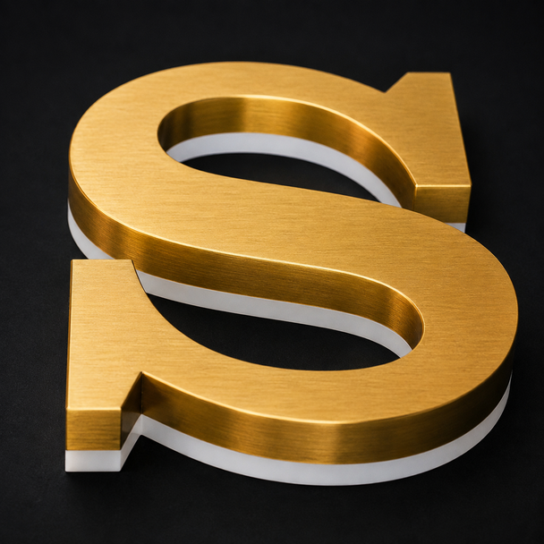Custom brushed gold stainless steel LED backlit channel letter sign
