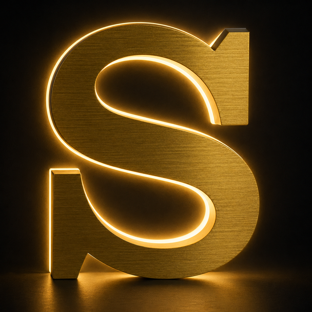 Illuminated rear halo lighting on brushed gold metal letters at night