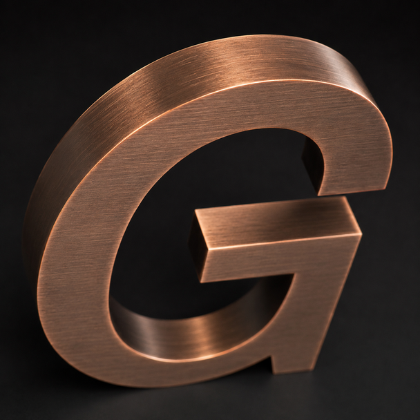 Custom 3D brushed stainless steel letter sign with natural Copper hairline finish