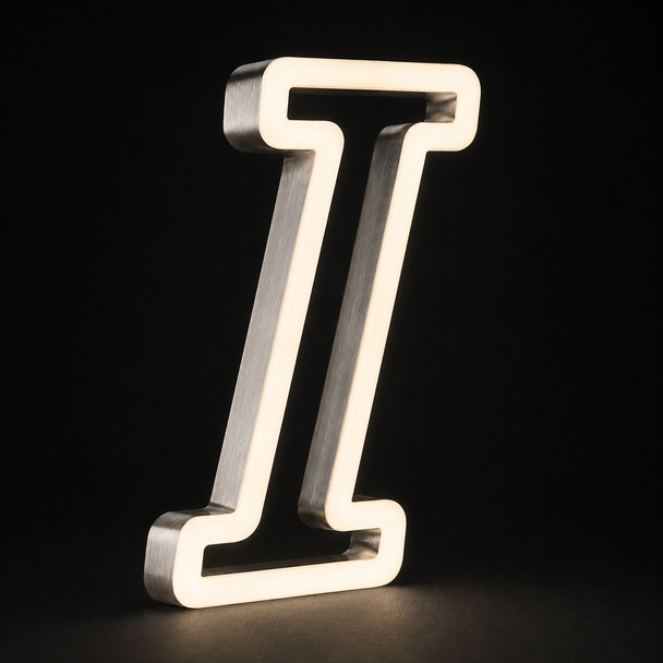 Vibrant face lit neon illumination on stainless steel channel letters at night
