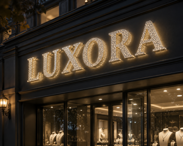 Illuminated front and side perforated stainless steel sign letters at night