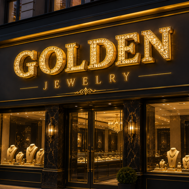 Brilliant sparkling crystal diamond illumination on luxury sign letter at night