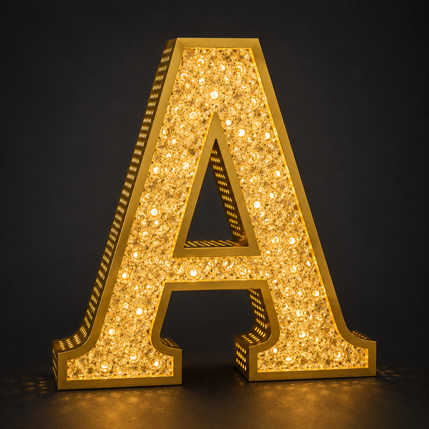 Brilliant sparkling crystal diamond illumination on luxury sign letter at night