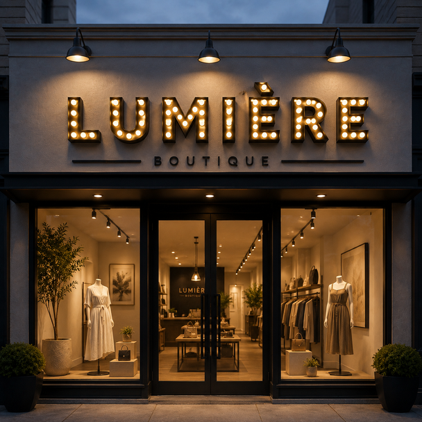 Warm glowing exposed bulb marquee channel letters illuminated on wall at night