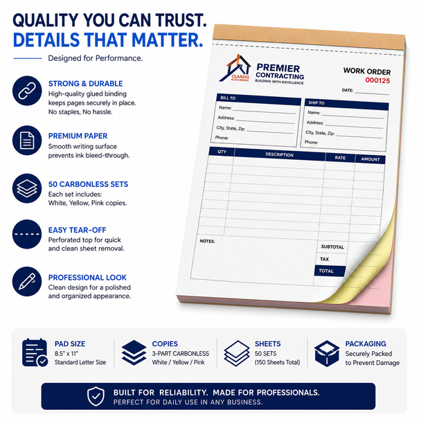 Sequential red numbering on custom printed full color 8.5 x 11 NCR invoice form