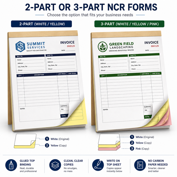 2-part white yellow and 3-part white yellow pink carbonless receipt book sets