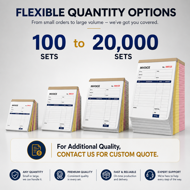 Sequential red numbering on custom printed full color 8.5 x 11 NCR invoice form